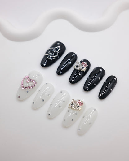 Long Oval White & Black Hello Kitty Diamond Accessories Press On Nails