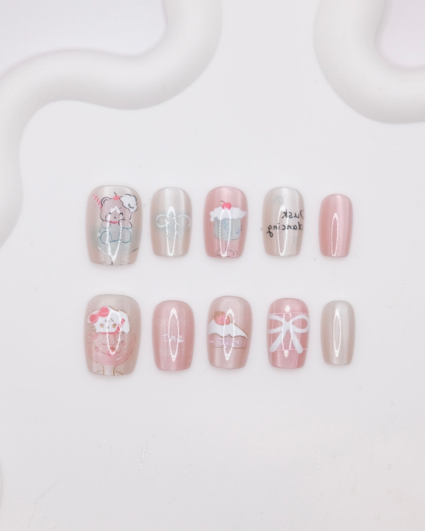 Short Coffin Pink Cupcake Bear Press On Nails