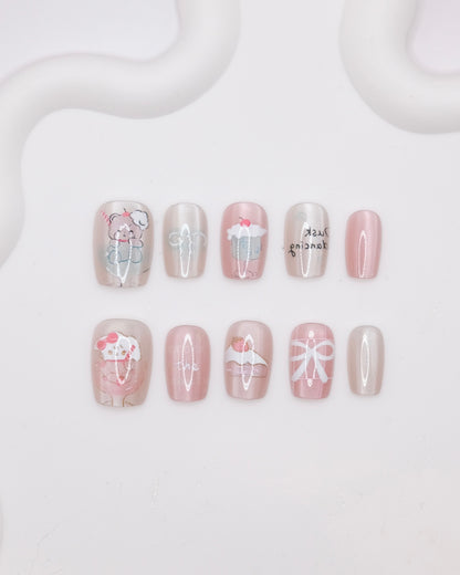 Short Coffin Pink Cupcake Bear Press On Nails