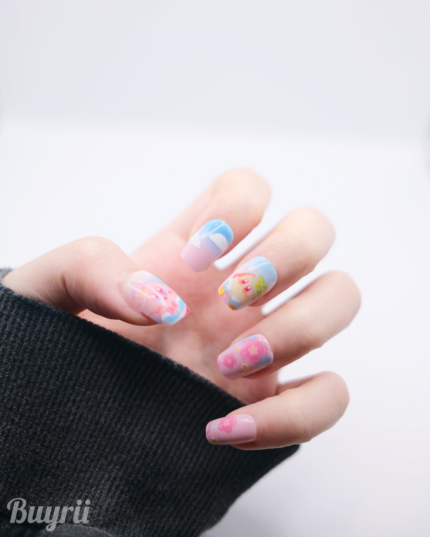 Short Coffin Colorful Kirby with Sakura Press On Nails