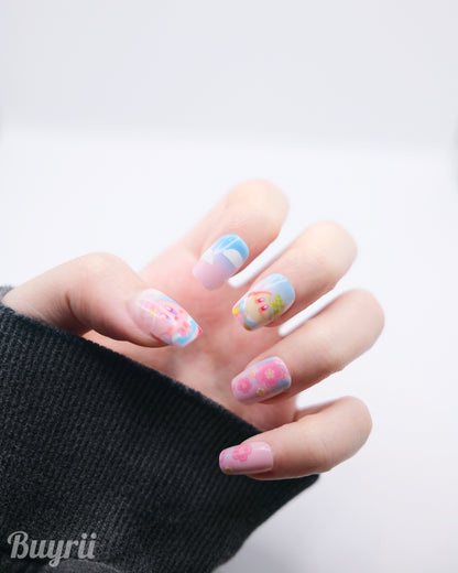 Short Coffin Colorful Kirby with Sakura Press On Nails