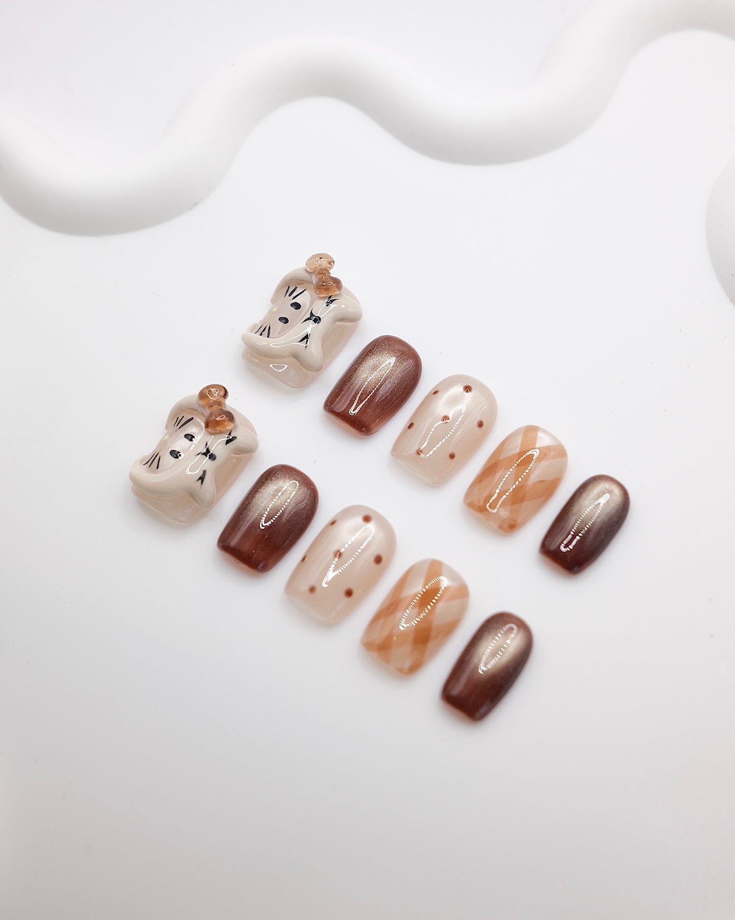 Short Coffin Cateye Brown Hello Kitty Press On Nails