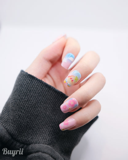 Short Coffin Colorful Kirby with Sakura Press On Nails