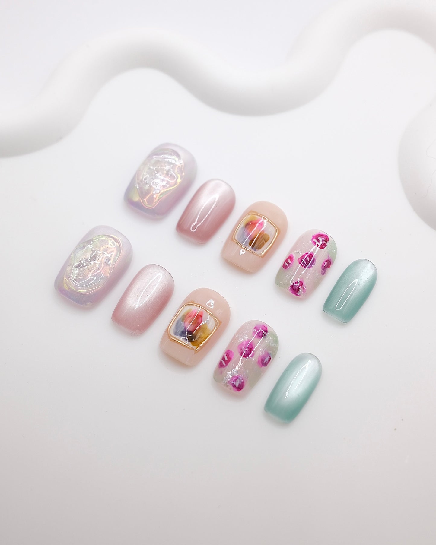 Short Coffin Cateye Pink & Light Blue Press On Nails