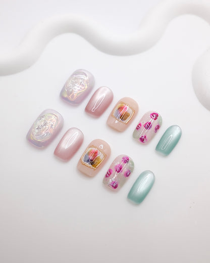 Short Coffin Cateye Pink & Light Blue Press On Nails