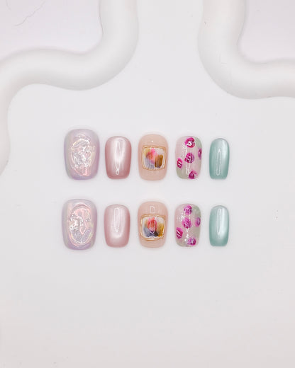 Short Coffin Cateye Pink & Light Blue Press On Nails