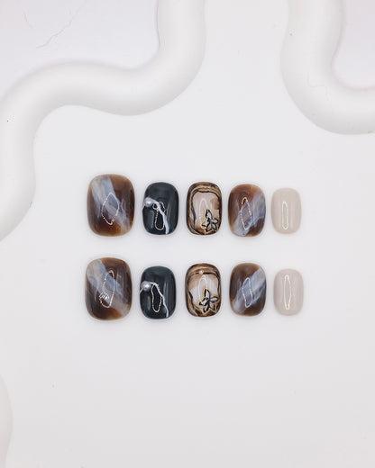 Short Rounded Pearl Like Brown Winter Season Press On Nails