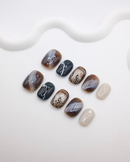 Short Rounded Pearl Like Brown Winter Season Press On Nails