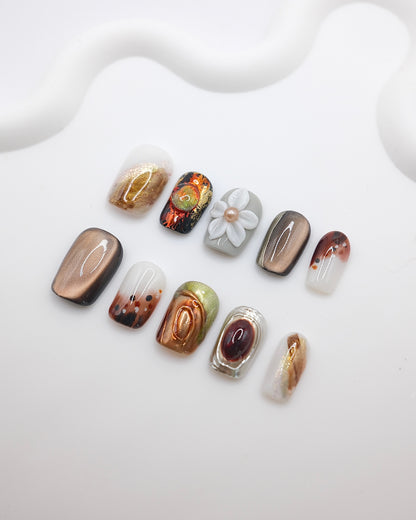 Short Coffin Brown Cateye Embossed Flower Press On Nails