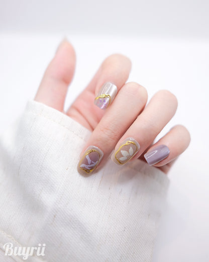Short Coffin Gold and Purple Embossed Flower Press On Nails