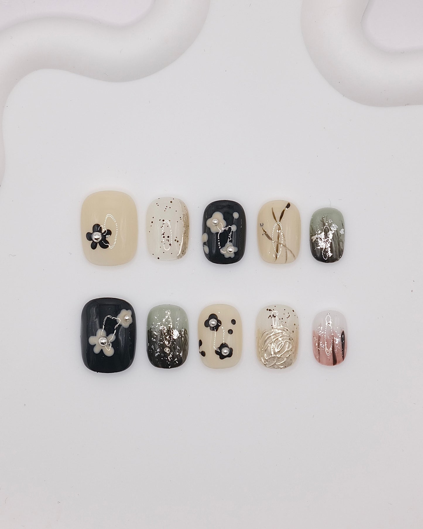 Short Rounded Black & Creamy White Flower Press On Nails