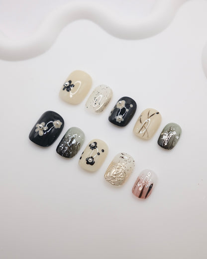 Short Rounded Black & Creamy White Flower Press On Nails