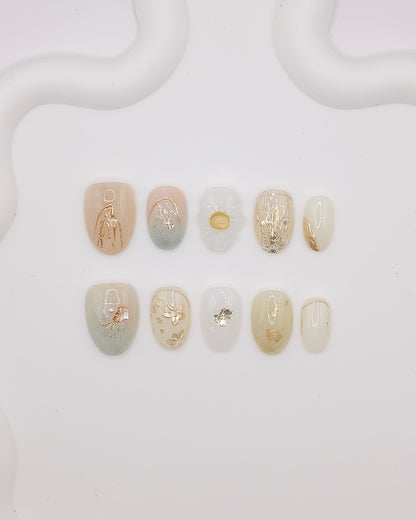 Short Oval Green & White Embossed Flower Press On Nails