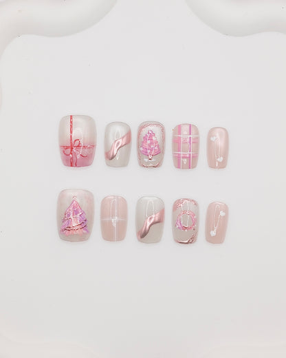 Short Coffin Pink Christmas Gift Press On Nails