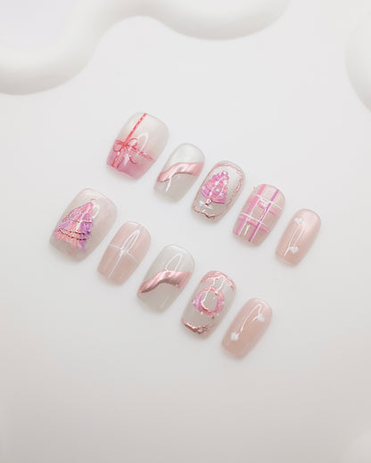 Short Coffin Pink Christmas Gift Press On Nails