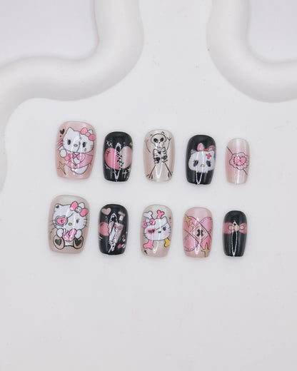 Short Coffin Black & Pink Skeleton Pirate Hello Kitty Press On Nails