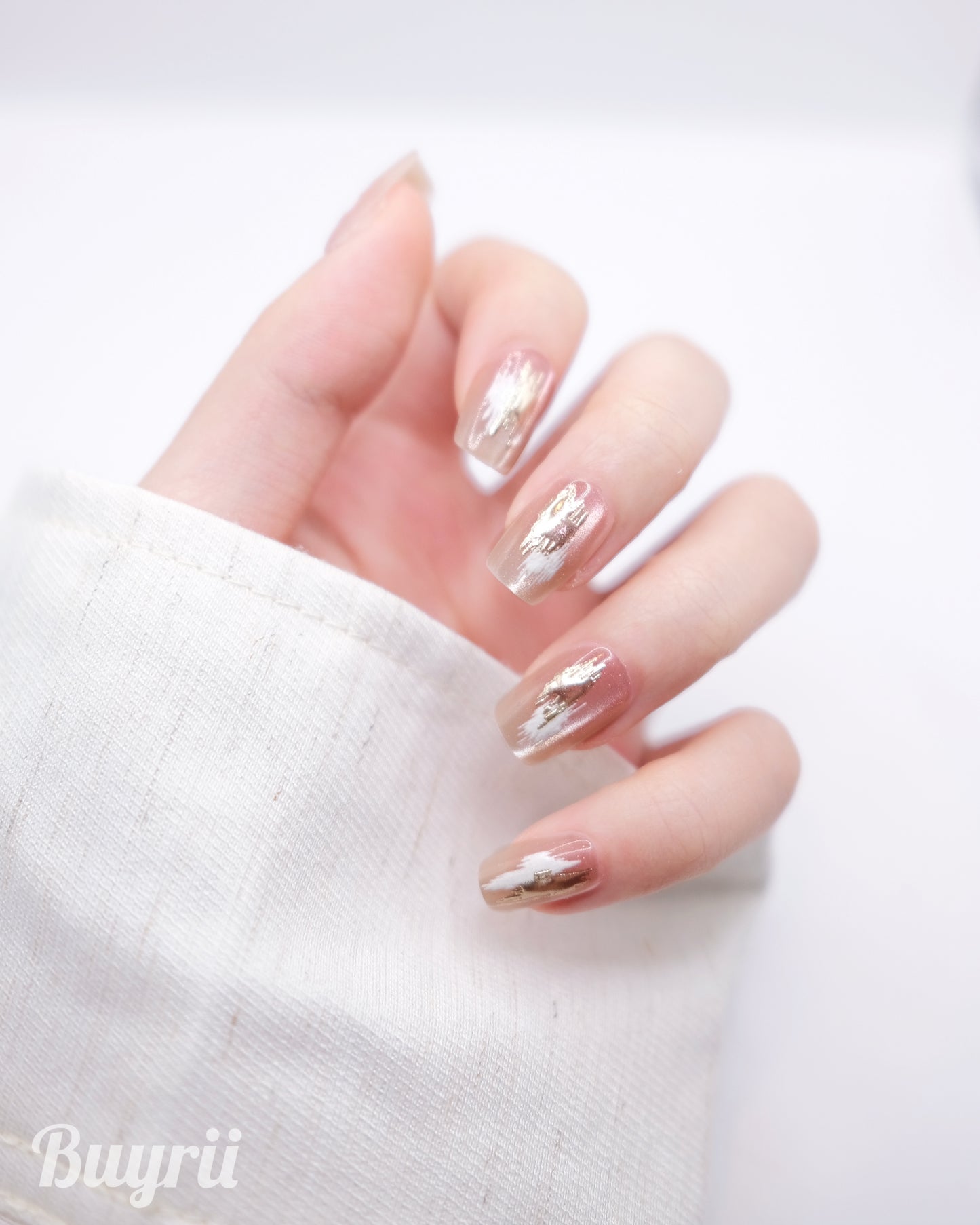 Short Coffin Nude & Gold Embossed Press On Nails