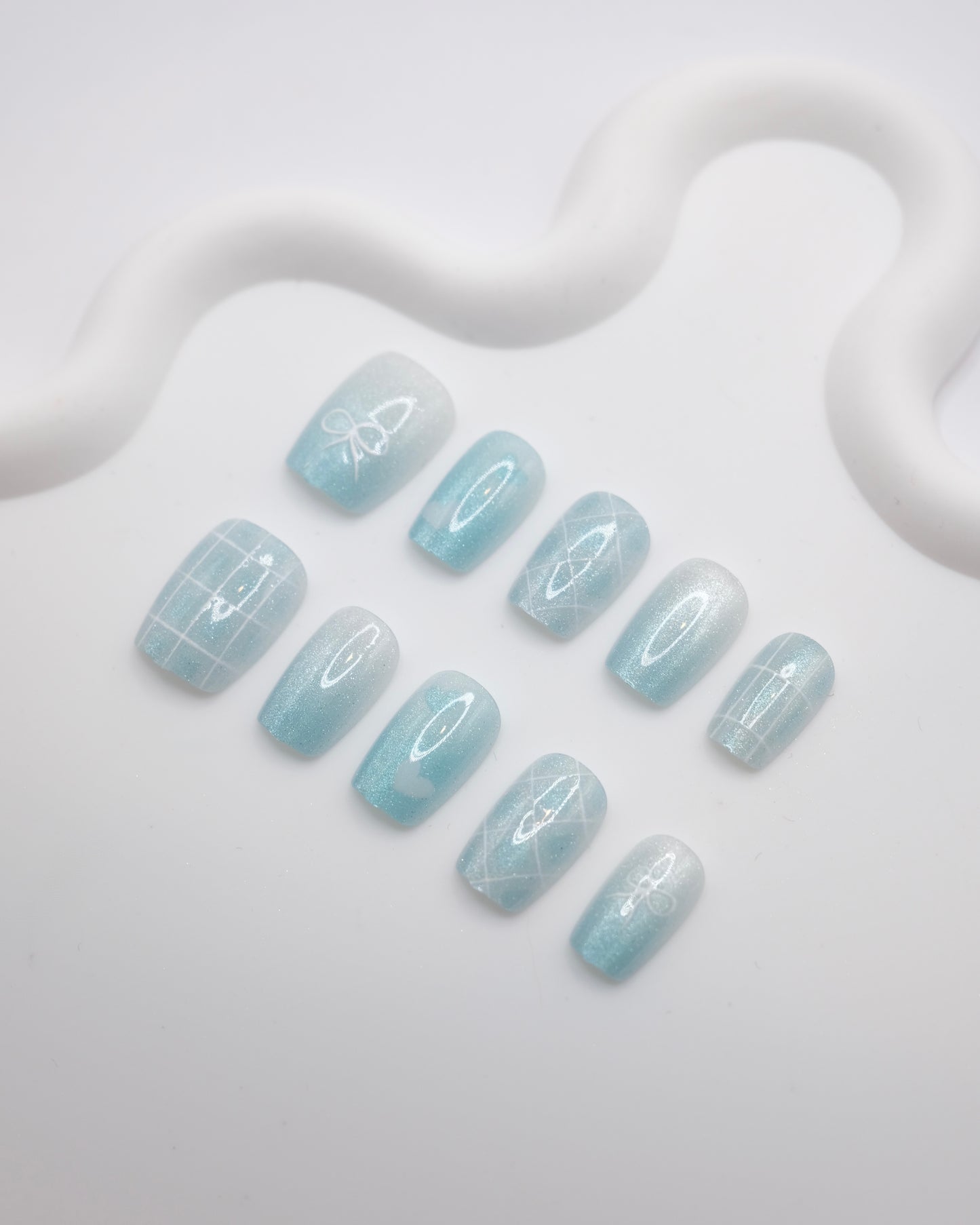 Short Coffin Blue Bow Tie & Love Heart Press On Nails