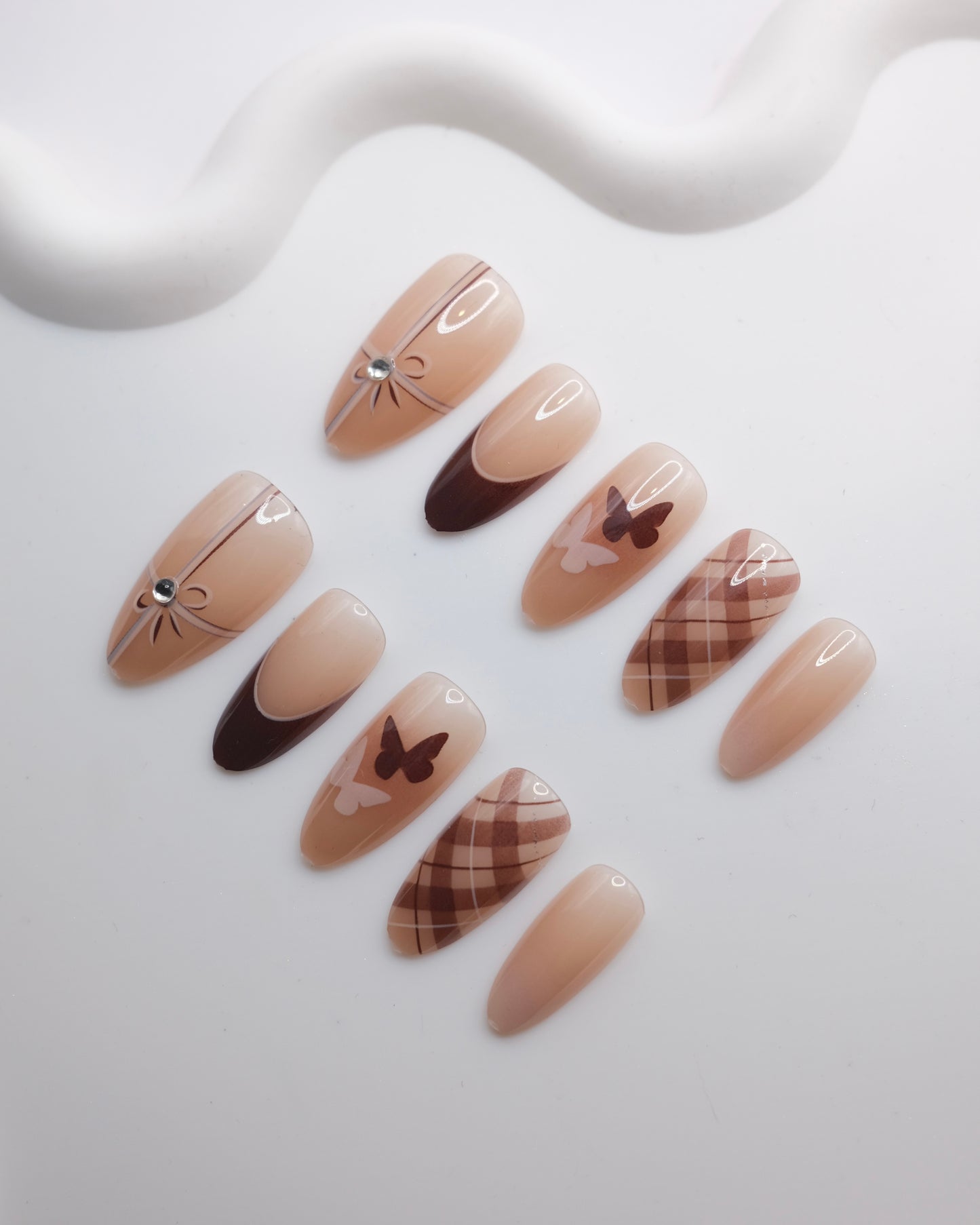 Long Almond Brown Bowtie Winter Season Press On Nails