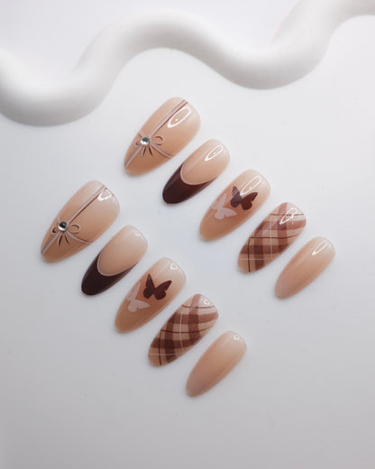 Long Almond Brown Bowtie Winter Season Press On Nails