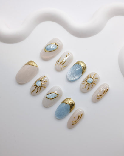 Mid-Long Oval White & Blue With Embossed Helios Press On Nails