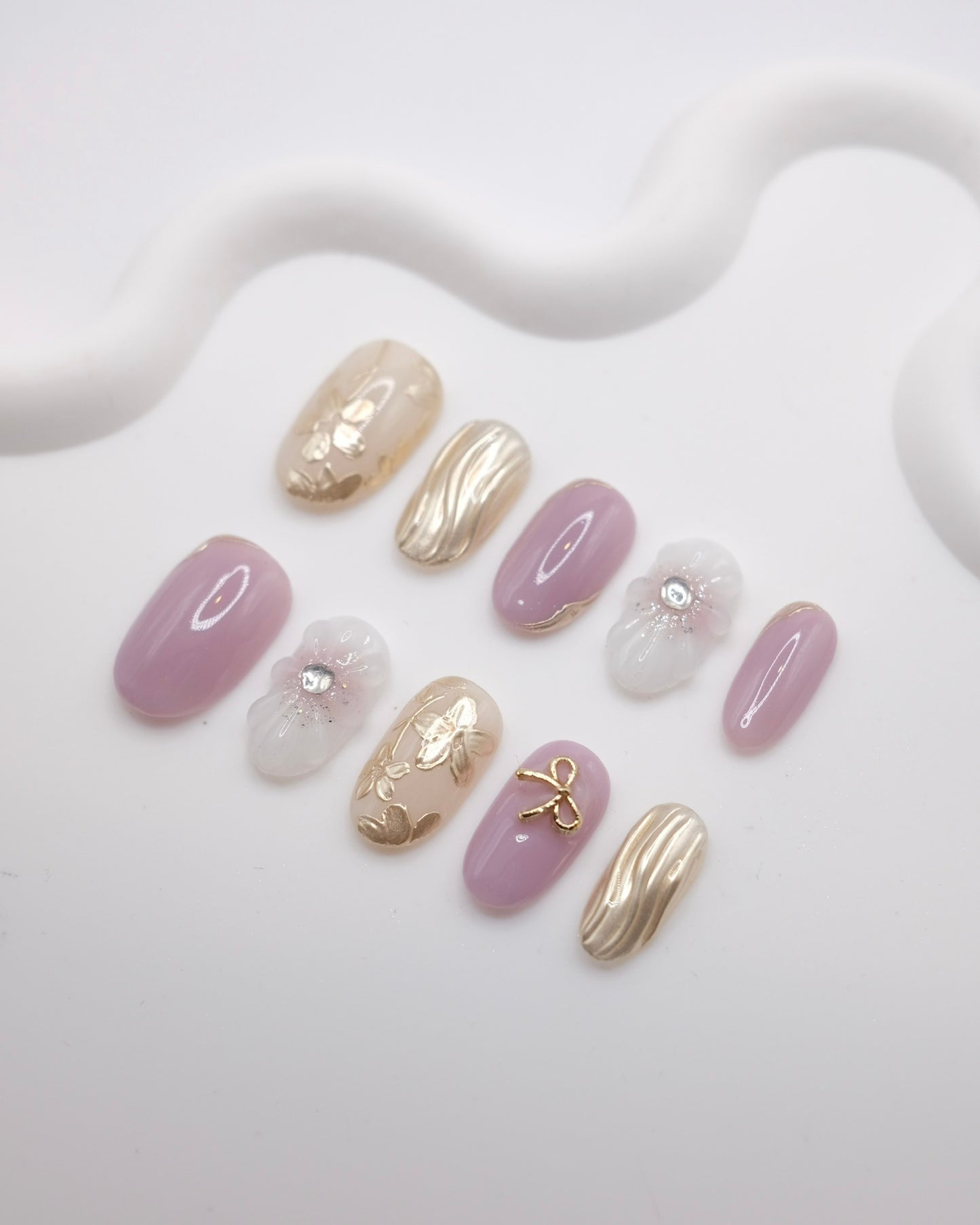 Mid-Long Oval White & Purple Embossed Flower Press On Nails