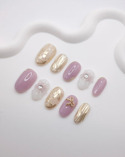 Mid-Long Oval White & Purple Embossed Flower Press On Nails