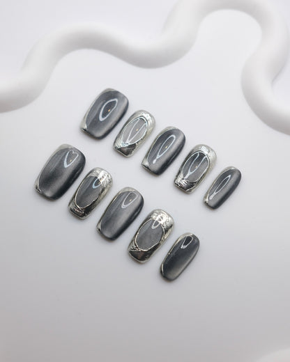Mid-Long Coffin Black & Silver Magic Mirror Press On Nails