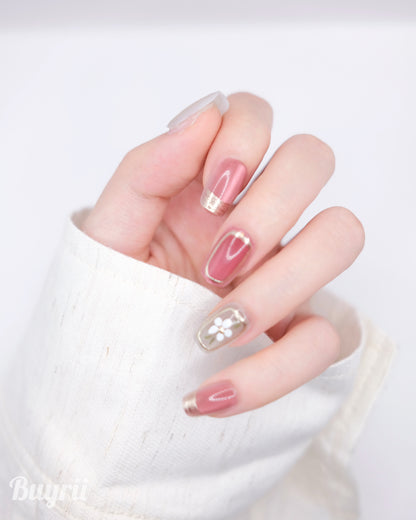 Short Coffin White & Ruby Embossed Flower Press On Nails