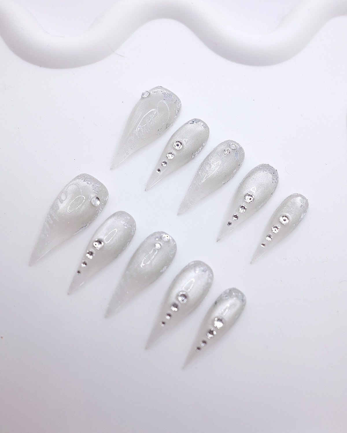 Long Claw 3D White Pearl Rhinestone Press On Nails