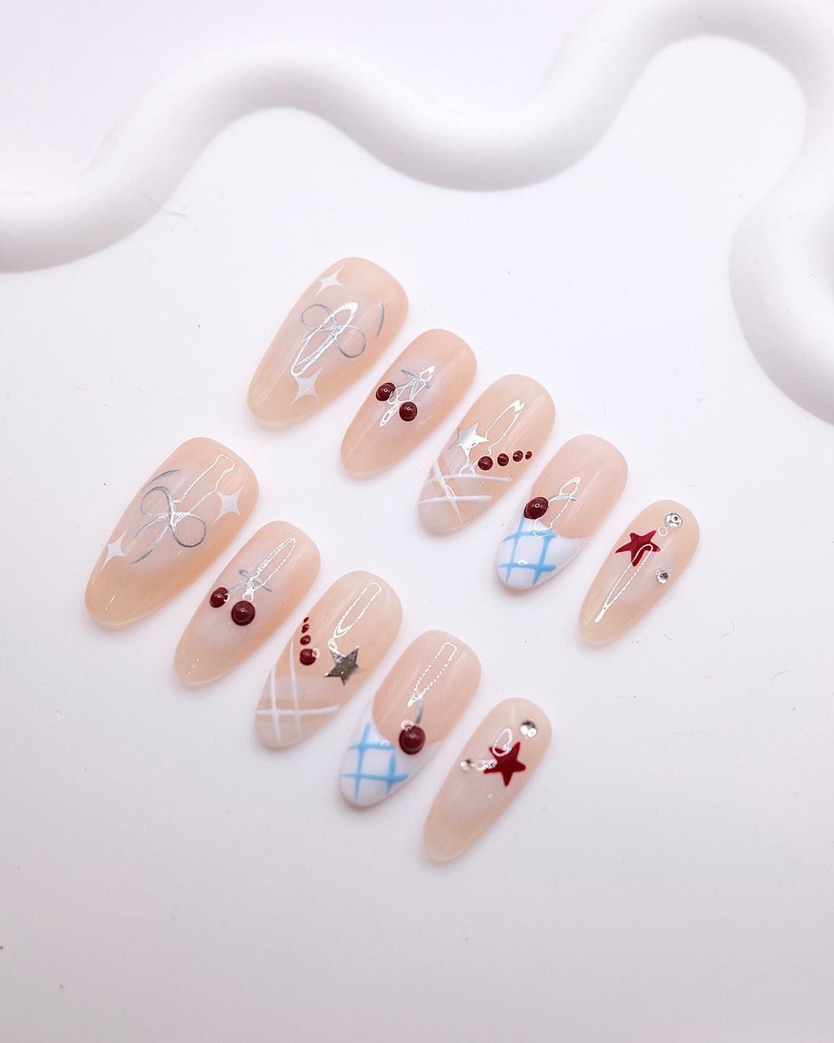 Long Almond 3D Nude Cherry Bow Star Plaid Press On Nails