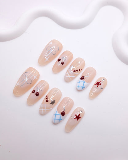 Long Almond 3D Nude Cherry Bow Star Plaid Press On Nails