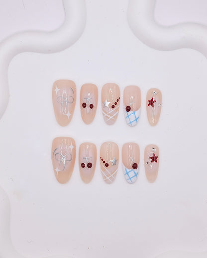 Long Almond 3D Nude Cherry Bow Star Plaid Press On Nails