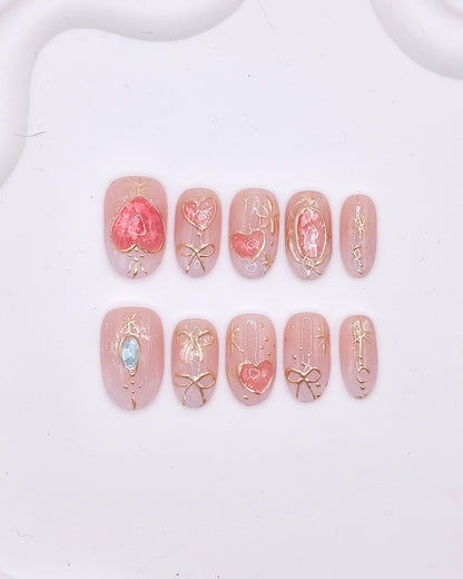 Mid-Long Oval 3D Pink Gold Heart Bow Gemstone Press On Nails