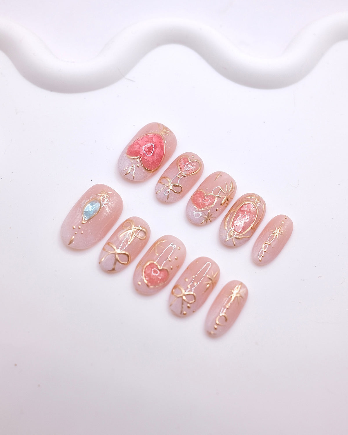 Mid-Long Oval 3D Pink Gold Heart Bow Gemstone Press On Nails