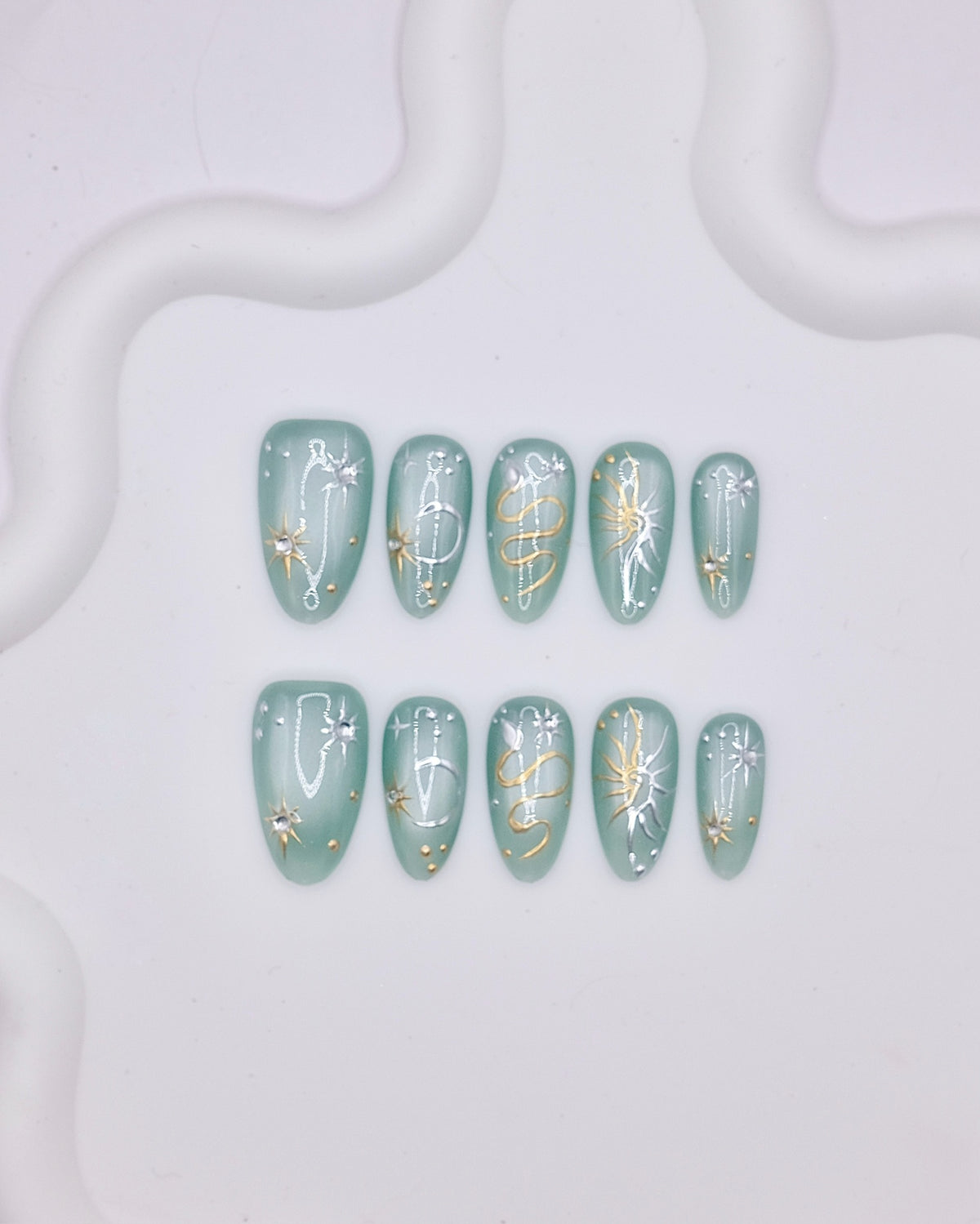 Long Almond 3D Sage Green Gold Celestial Star Press On Nails