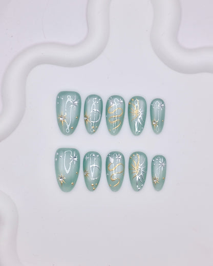 Long Almond 3D Sage Green Gold Celestial Star Press On Nails
