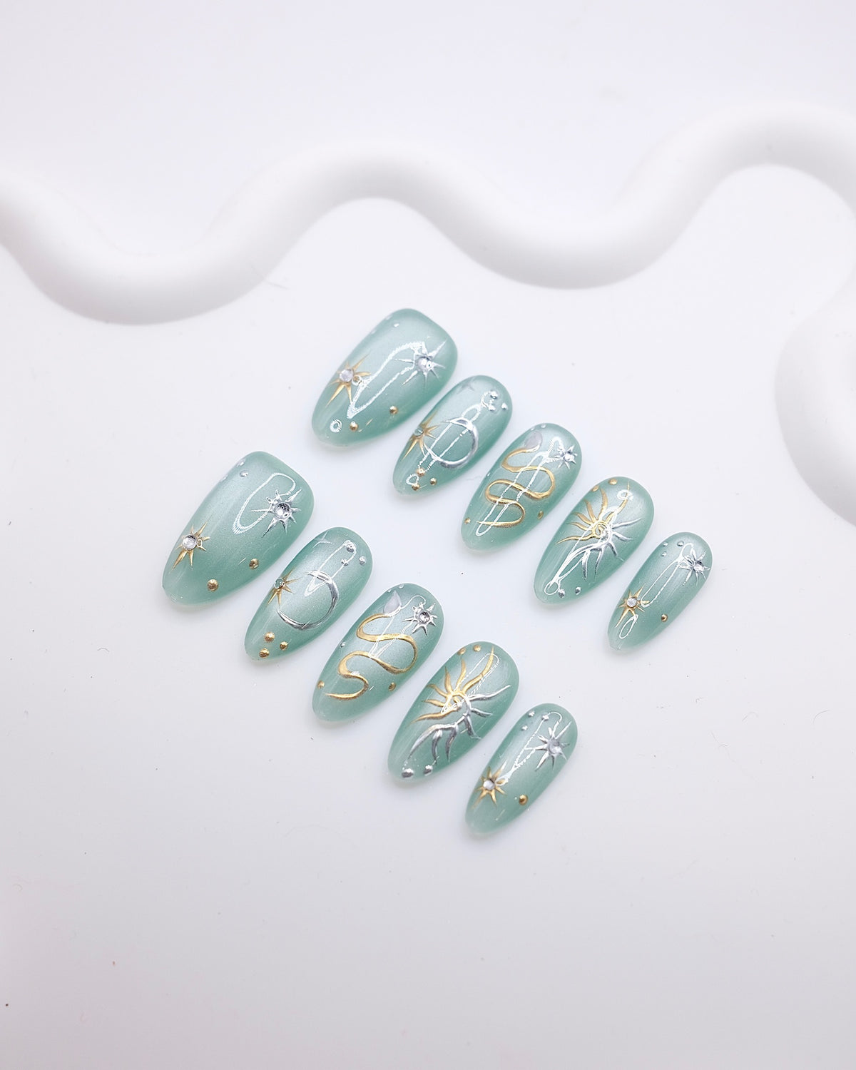 Long Almond 3D Sage Green Gold Celestial Star Press On Nails