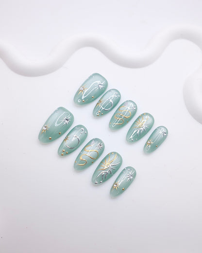 Long Almond 3D Sage Green Gold Celestial Star Press On Nails