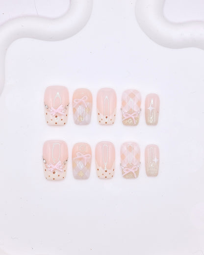 Mid-Long Coffin 3D Pink Bow Argyle Glitter Press On Nails