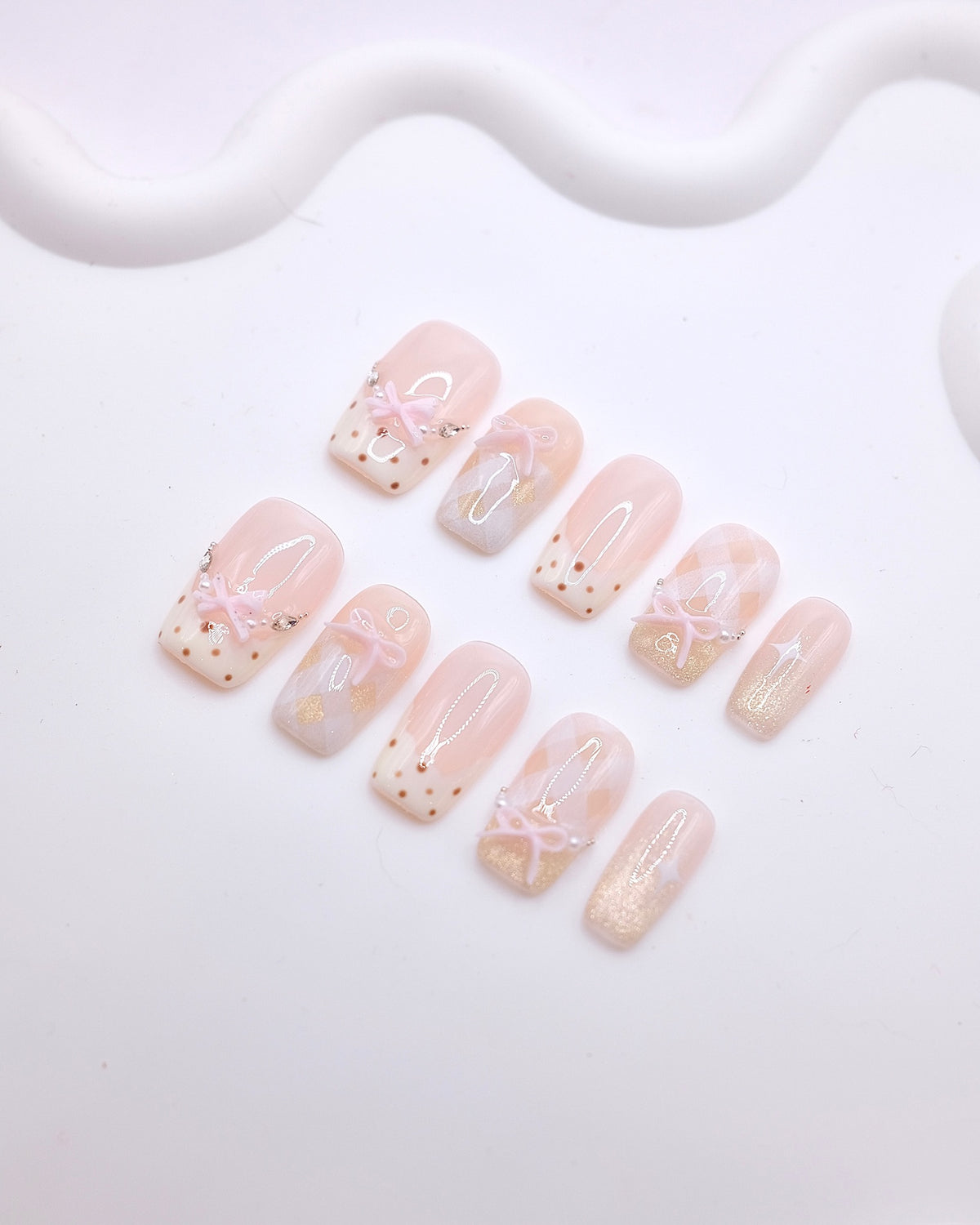 Mid-Long Coffin 3D Pink Bow Argyle Glitter Press On Nails