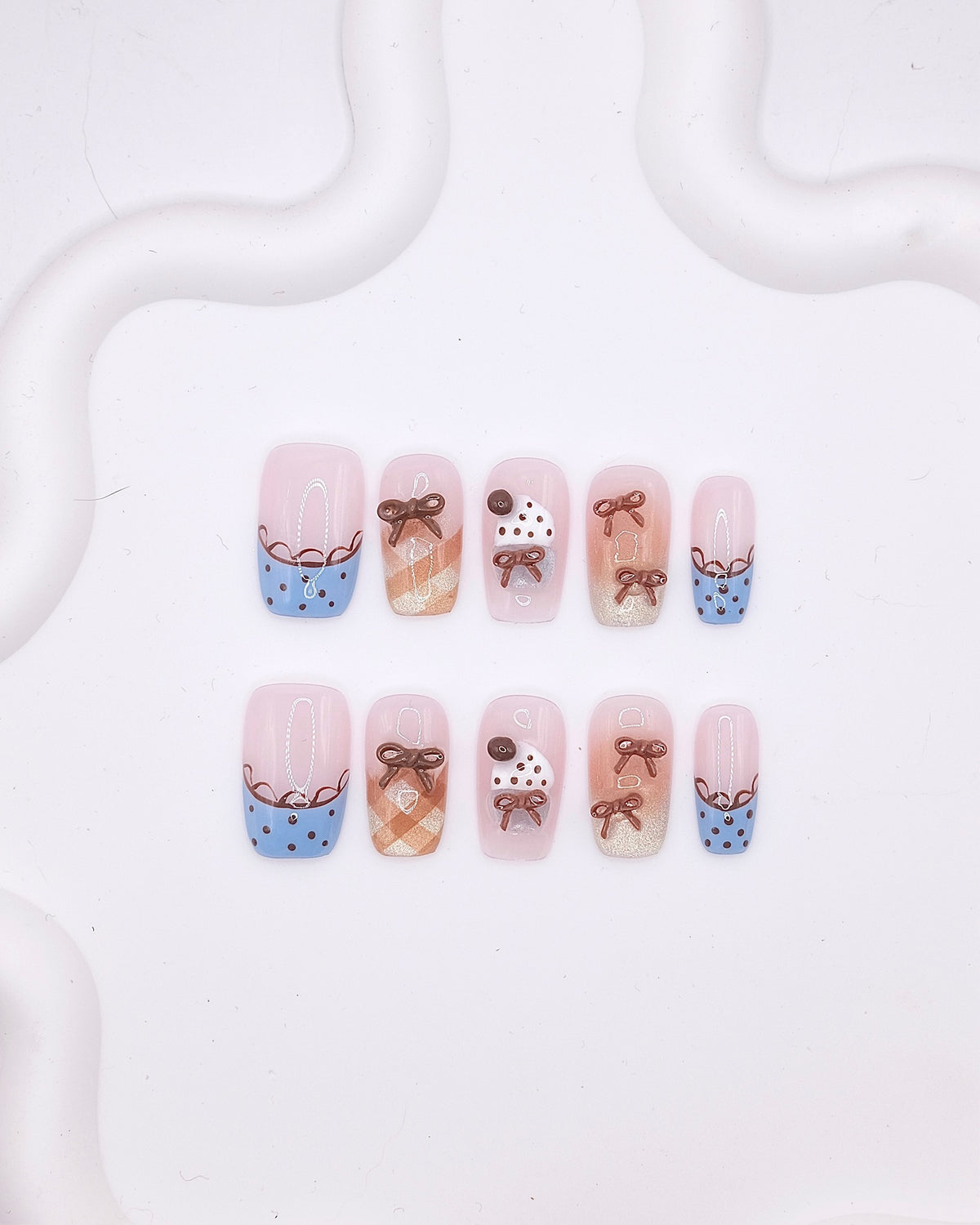 Mid-Long Coffin 3D Chocolate Bow Polka Dot Press On Nails