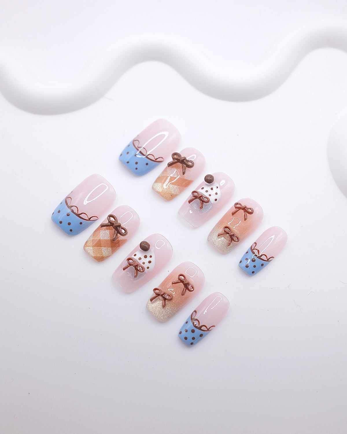 Mid-Long Coffin 3D Chocolate Bow Polka Dot Press On Nails