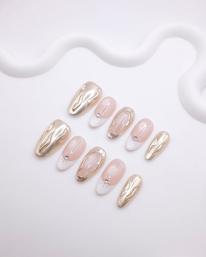 Long Oval 3D Gold Chrome White French Press On Nails
