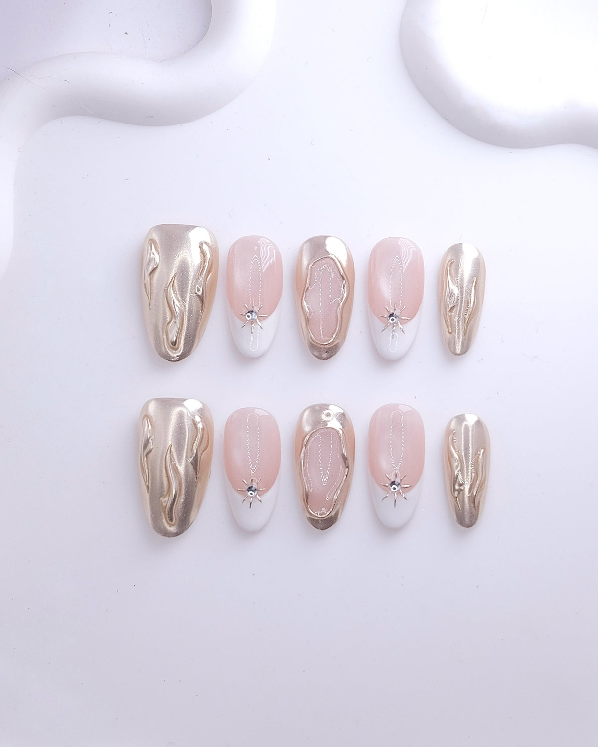 Long Oval 3D Gold Chrome White French Press On Nails