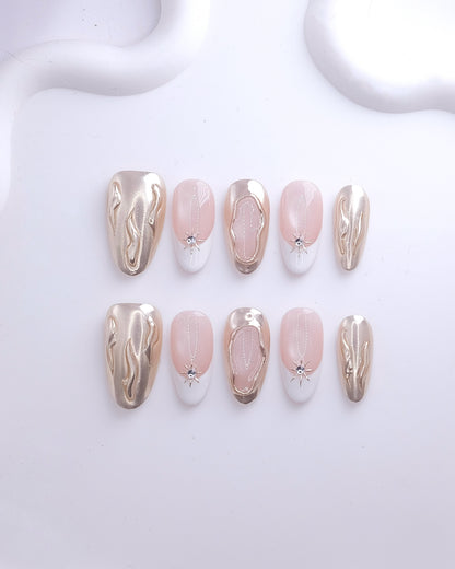 Long Oval 3D Gold Chrome White French Press On Nails