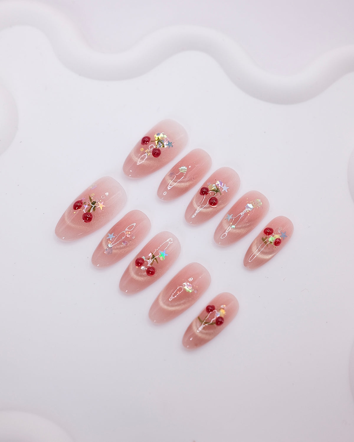 Long Almond 3D Pink Cherry Star Shell Press On Nails