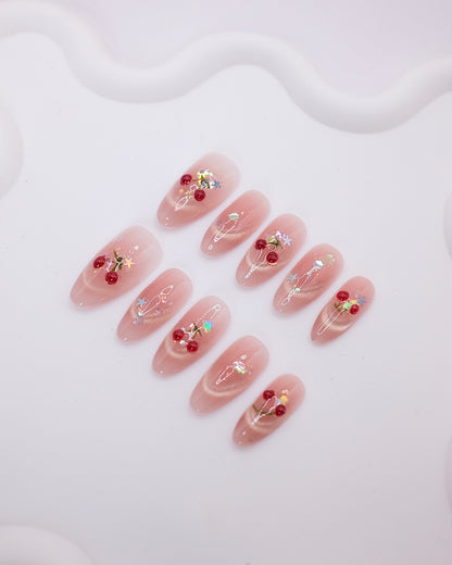 Long Almond 3D Pink Cherry Star Shell Press On Nails