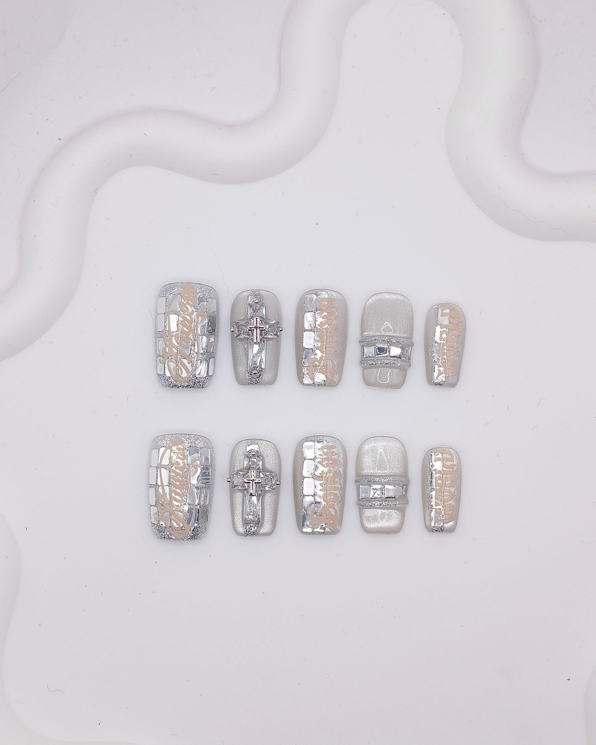 Mid-Long Coffin 3D Silver Cross Studded Press On Nails