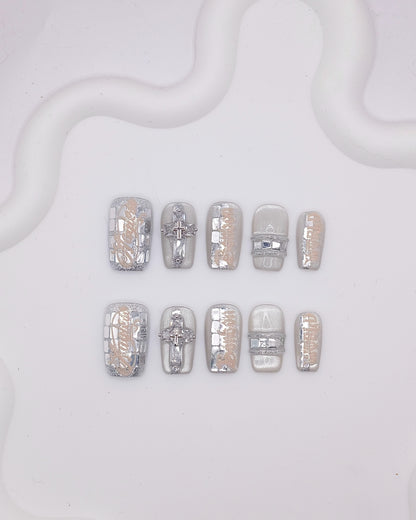 Mid-Long Coffin 3D Silver Cross Studded Press On Nails